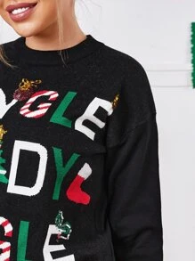 SHEIN كنزة صوف عيد الميلاد بطباعة شعار - الأسود - مشاهدة 4