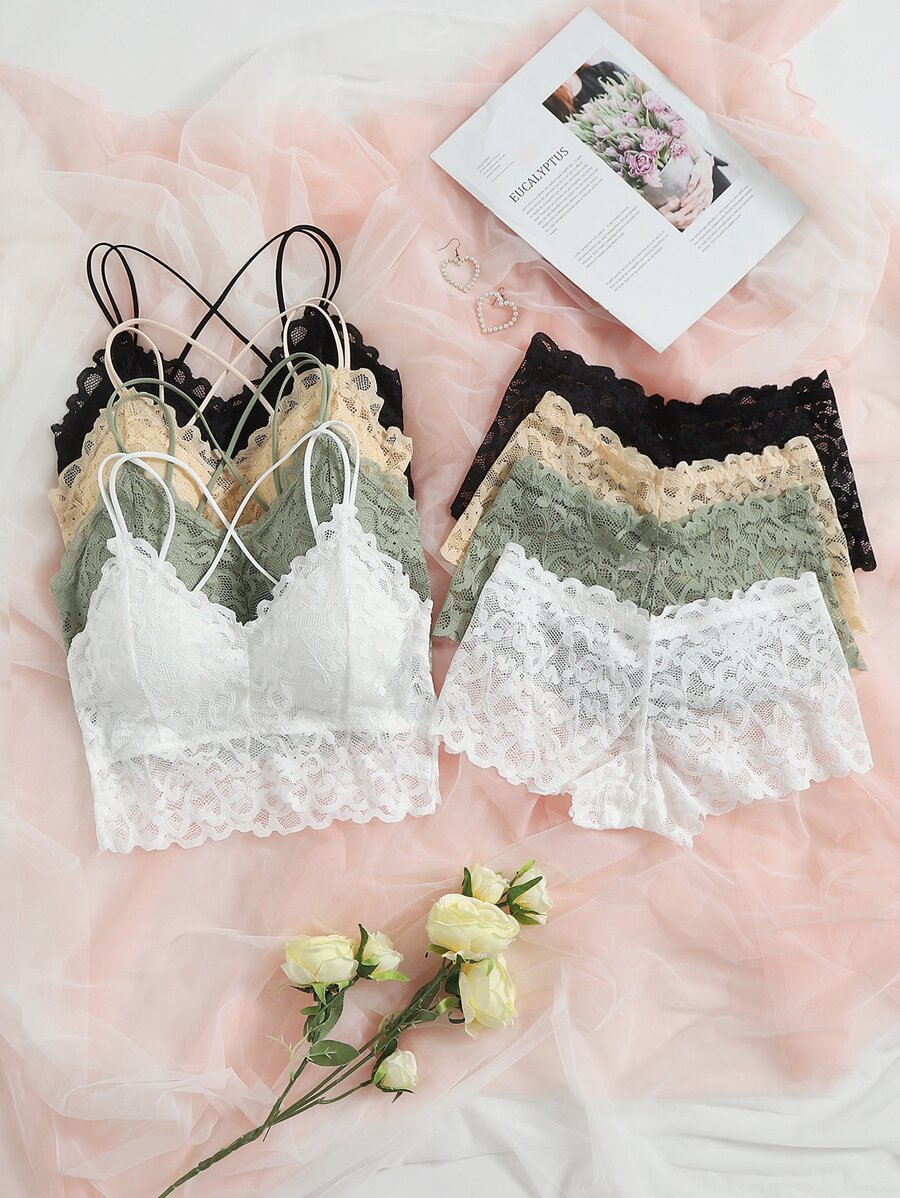 SHEIN Conjunto de lencería de 4 sets con encaje floral: Sujetador y panty corto - Multicolor - Ver 1