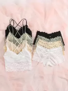 SHEIN Conjunto de lencería de 4 sets con encaje floral: Sujetador y panty corto - Multicolor - Ver 2
