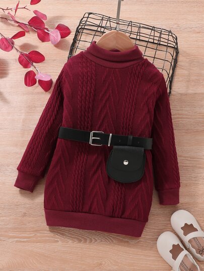 小女童高領數據線紋理質感衛衣連衣裙附腰帶包