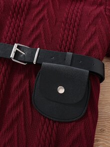 小女童高領數據線紋理質感衛衣連衣裙附腰帶包 - 酒紅色 - 查看 4