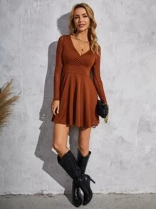 SHEIN Privé Đầm màu trơn Giải trí - Cà phê nâu - Xem 3