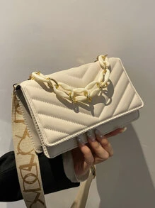 Bolso cuadrado con solapa acolchada en miniatura - Beis - Ver 5