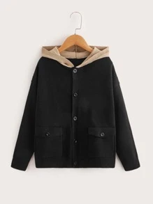 SHEIN Boys Flap Pocket Colourblock Hooded Cardigan - Black - View 1