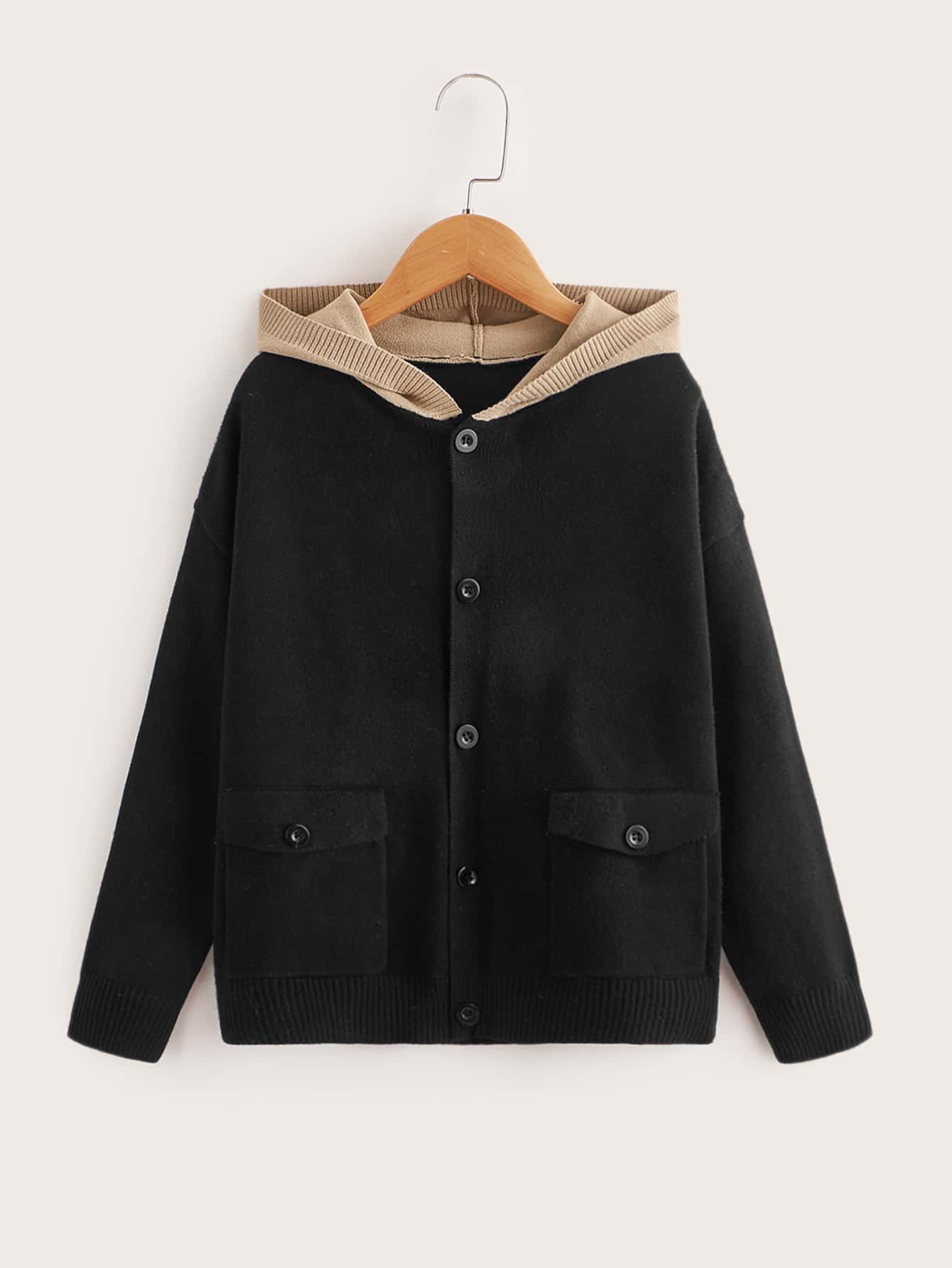 SHEIN Boys Flap Pocket Colourblock Hooded Cardigan - Black - View 1