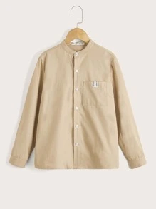 SHEIN 男孩字母貼布前口袋襯衫 - 卡其色 - 查看 1