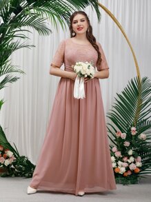 SHEIN Belle 大碼蕾絲拼接雪紡伴娘連衣裙