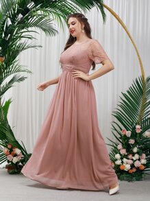 SHEIN Belle 大碼蕾絲拼接雪紡伴娘連衣裙