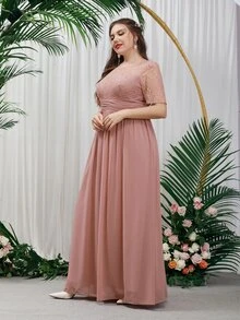 SHEIN Belle 大碼蕾絲拼接雪紡伴娘連衣裙