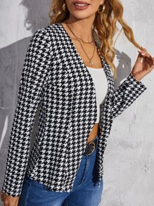 SHEIN Houndstooth Pattern Open Front Jacket - Black and White - View 1