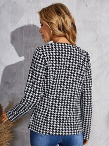 SHEIN Houndstooth Pattern Open Front Jacket - Black and White - View 2