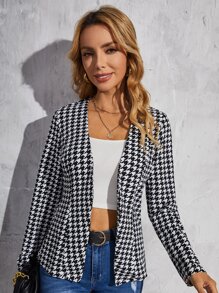 SHEIN Houndstooth Pattern Open Front Jacket - Black and White - View 3