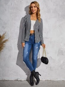 SHEIN Houndstooth Pattern Open Front Jacket - Black and White - View 4