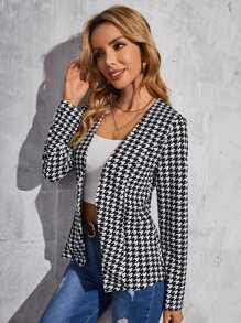 SHEIN Houndstooth Pattern Open Front Jacket - Black and White - View 5