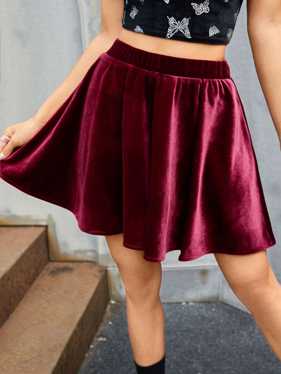 SHEIN Elastic Waist Velvet Flare Skirt - Burgundy - View 1