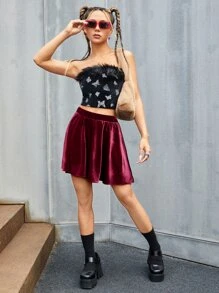 SHEIN Elastic Waist Velvet Flare Skirt - Burgundy - View 3