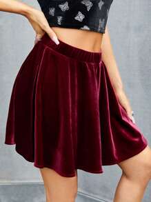SHEIN Elastic Waist Velvet Flare Skirt - Burgundy - View 4