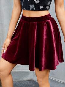 SHEIN Elastic Waist Velvet Flare Skirt - Burgundy - View 5