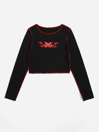 Stitching Trim Heart Graphic Crop Tee