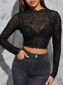 SHEIN Privé 小高領木耳邊人物印花短款上衣 - 黑色 - 查看 1