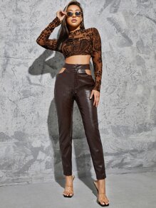SHEIN Croc Embossed Cut Out Waist PU Leather Trousers - Chocolate Brown - View 1