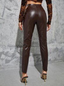 SHEIN Croc Embossed Cut Out Waist PU Leather Trousers - Chocolate Brown - View 2