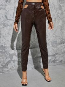 SHEIN Croc Embossed Cut Out Waist PU Leather Trousers - Chocolate Brown - View 3
