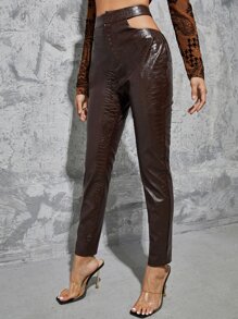 SHEIN Croc Embossed Cut Out Waist PU Leather Trousers - Chocolate Brown - View 4