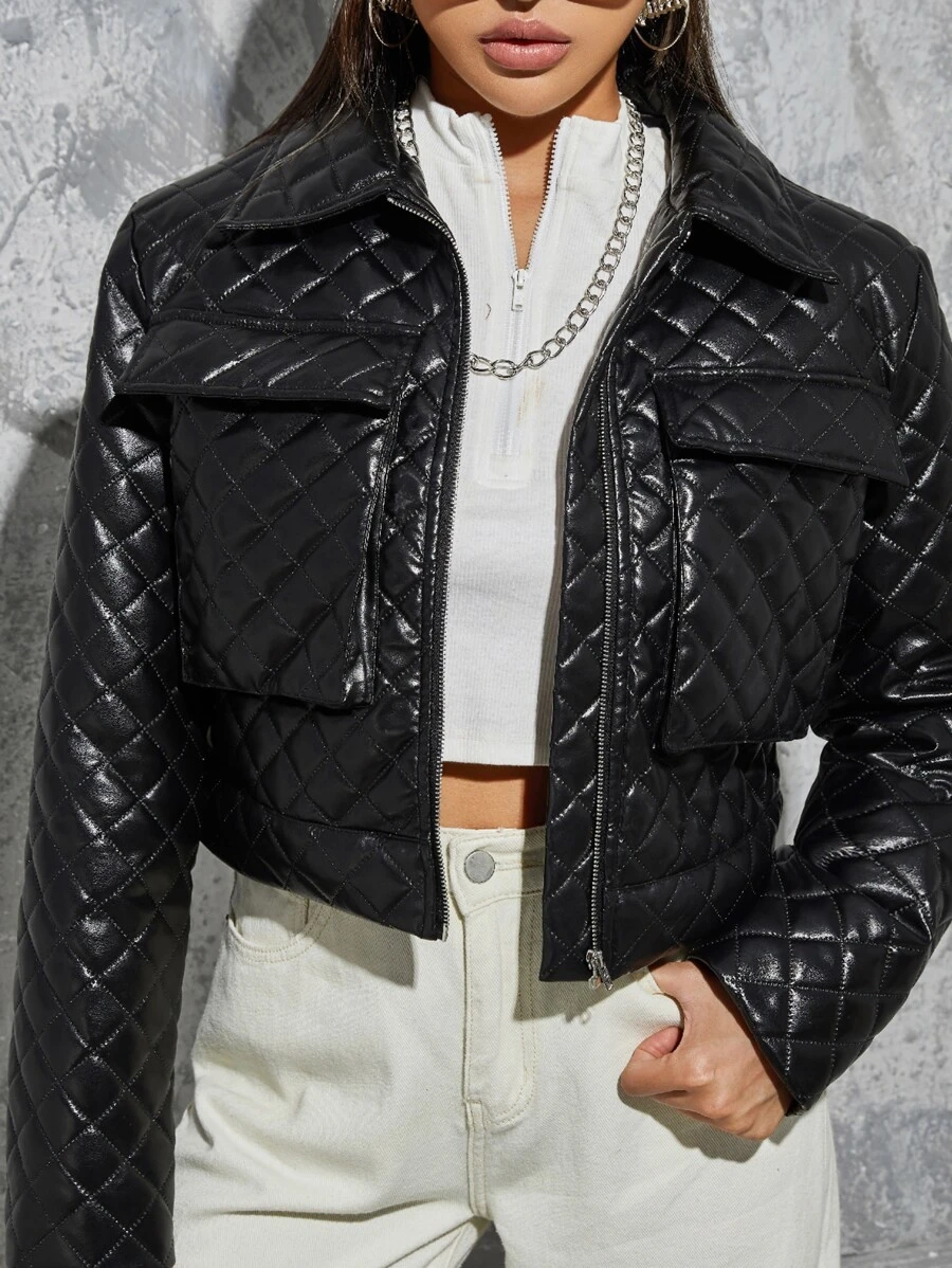 SHEIN 翻蓋口袋衍縫PU皮革夾克 - 黑色 - 查看 1