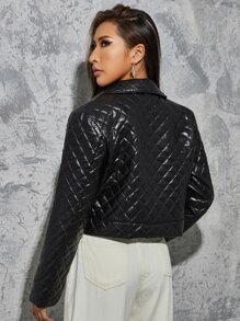 SHEIN 翻蓋口袋衍縫PU皮革夾克 - 黑色 - 查看 2