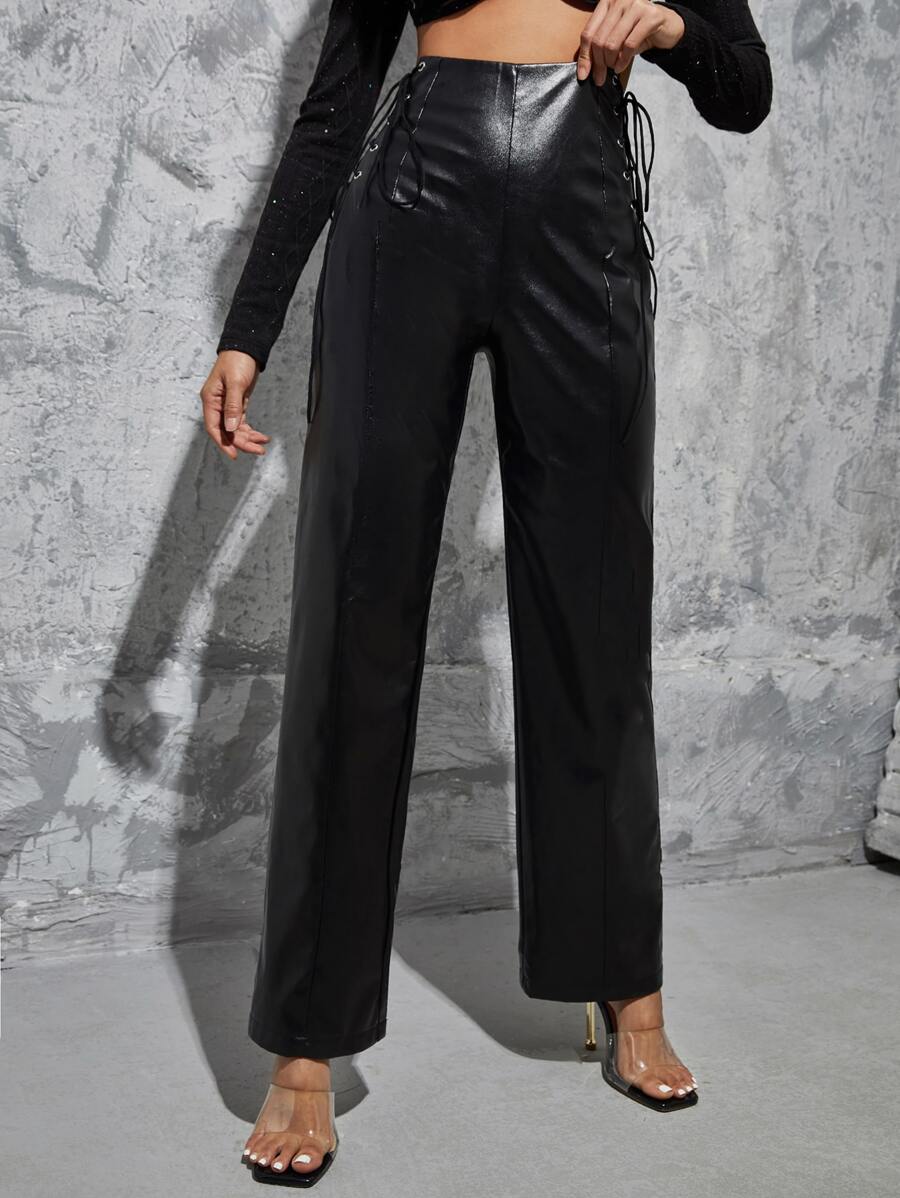 SHEIN Cut Out Lace Up Side PU Leather Trousers - Black - View 1