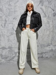 SHEIN 翻蓋口袋衍縫PU皮革夾克 - 黑色 - 查看 3