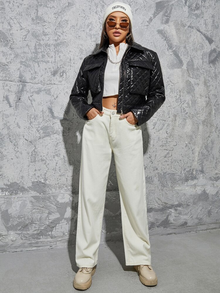 SHEIN Cazadora con bolsillo con solapa guateado PU - Negro - Añade 3