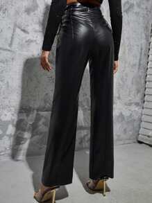 SHEIN Cut Out Lace Up Side PU Leather Trousers - Black - View 2