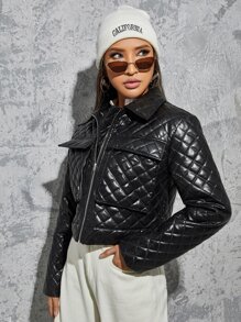 SHEIN 翻蓋口袋衍縫PU皮革夾克 - 黑色 - 查看 4