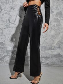 SHEIN Cut Out Lace Up Side PU Leather Trousers - Black - View 3
