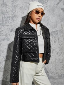 SHEIN 翻蓋口袋衍縫PU皮革夾克 - 黑色 - 查看 5