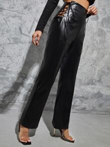 SHEIN Cut Out Lace Up Side PU Leather Trousers - Black - View 4