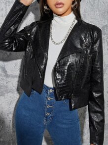 SHEIN 鱷魚印花PU皮革夾克 - 黑色 - 查看 1