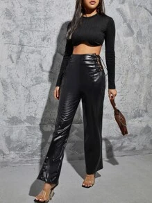 SHEIN Cut Out Lace Up Side PU Leather Trousers - Black - View 5