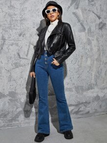 SHEIN 鱷魚印花PU皮革夾克 - 黑色 - 查看 3