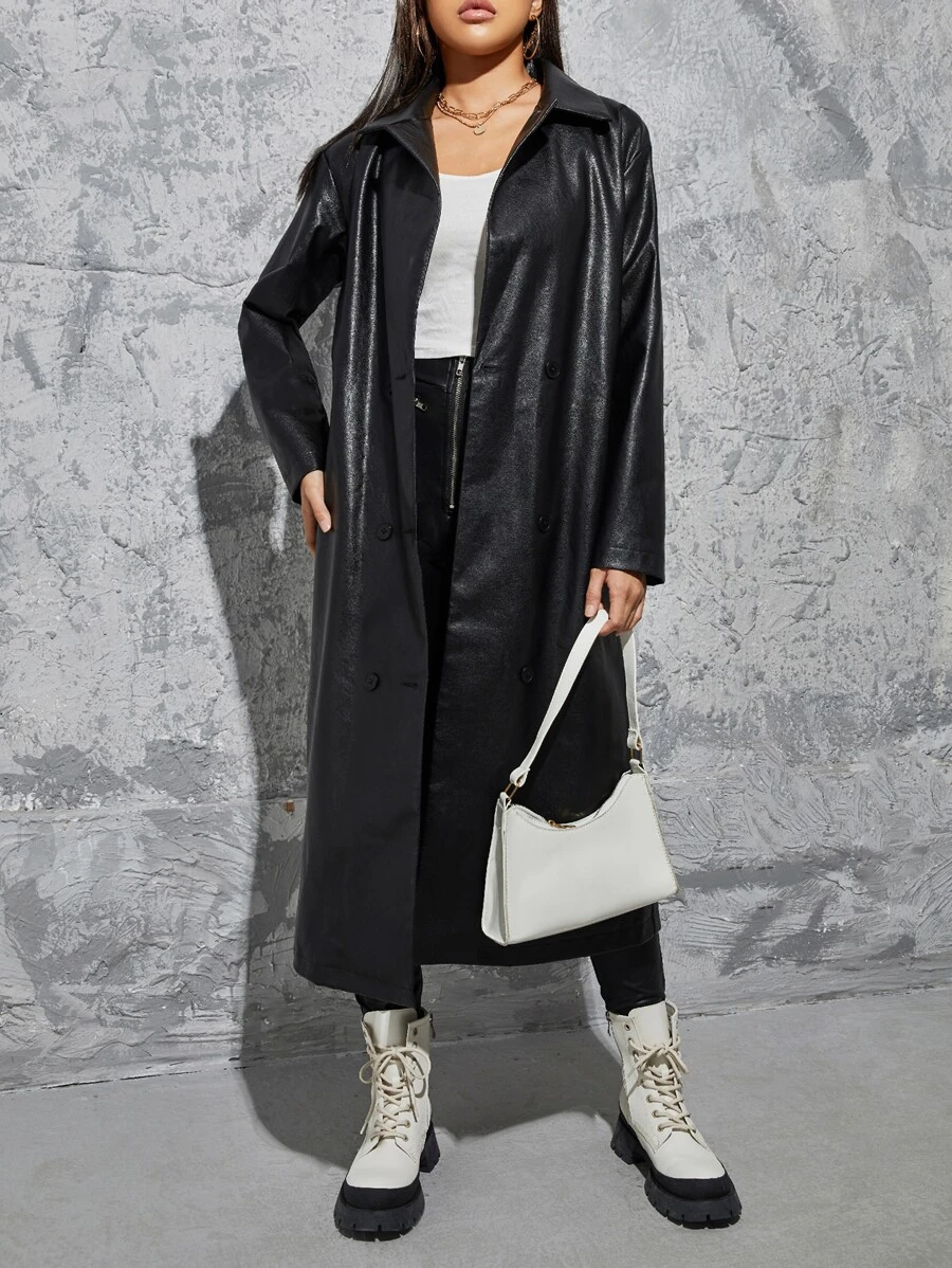 SHEIN Double Breasted Slant Pockets Drop Shoulder PU Leather Coat