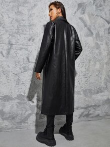 SHEIN Double Breasted Slant Pockets Drop Shoulder PU Leather Coat