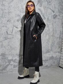 SHEIN Double Breasted Slant Pockets Drop Shoulder PU Leather Coat