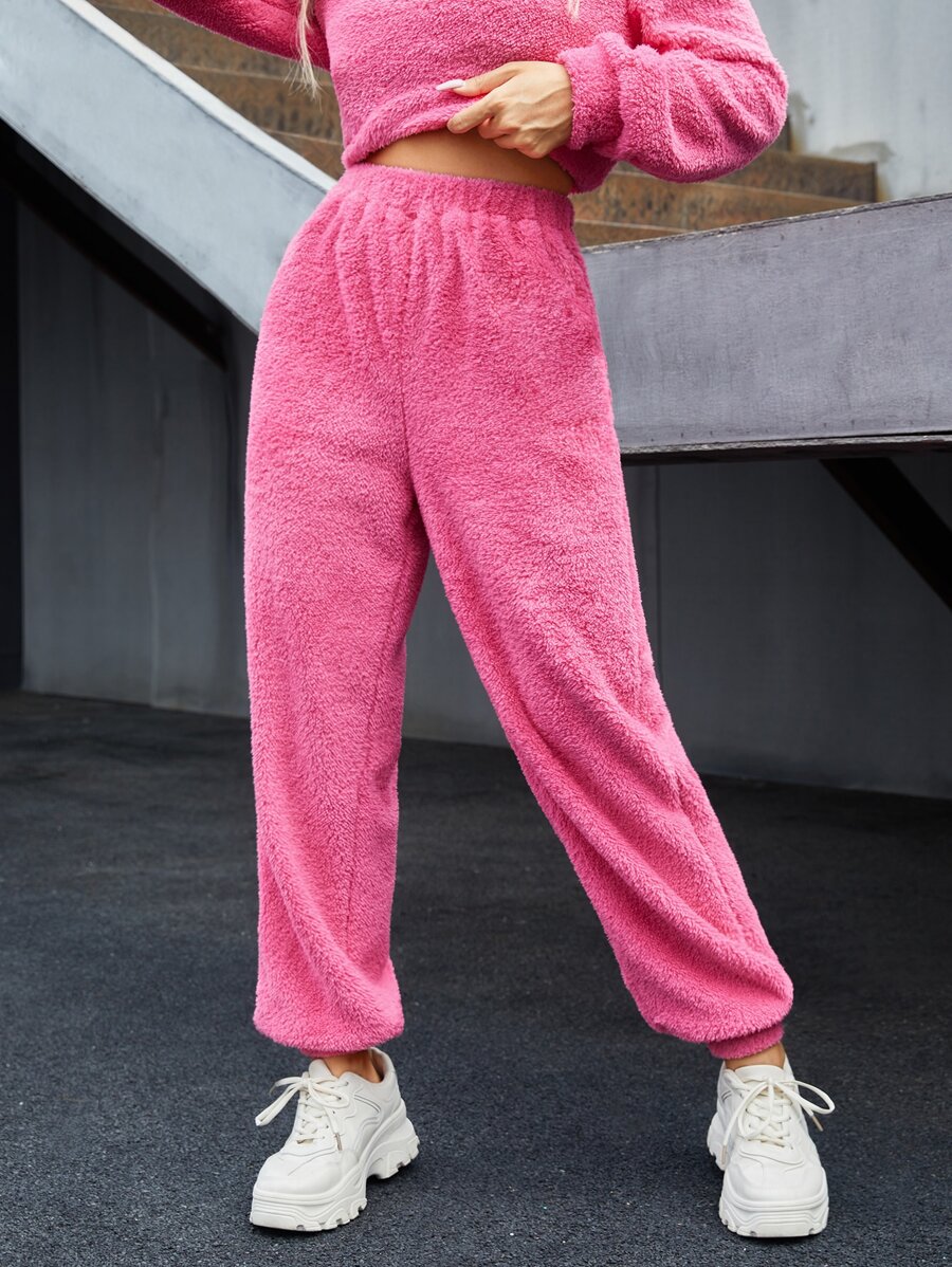 SHEIN Elastic Waist Fleece Trousers - Hot Pink - View 1