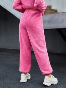 SHEIN Elastic Waist Fleece Trousers - Hot Pink - View 2