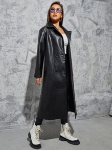 SHEIN Double Breasted Slant Pockets Drop Shoulder PU Leather Coat