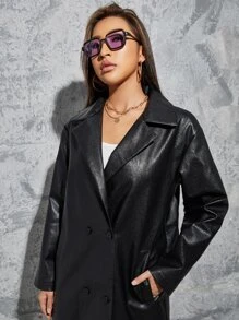 SHEIN Double Breasted Slant Pockets Drop Shoulder PU Leather Coat