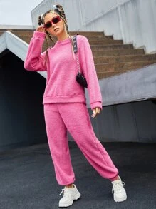 SHEIN Elastic Waist Fleece Trousers - Hot Pink - View 4