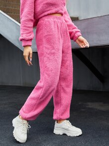 SHEIN Elastic Waist Fleece Trousers - Hot Pink - View 5